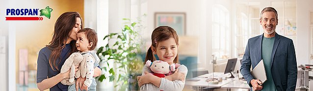 Bild von einer Frau mit Baby, einem Kind mit Teddy und einem Mann mit Laptop.